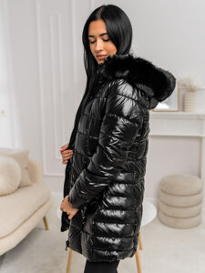 Women's Longline Quilted Winter Jacket with hood Black Bolf 16M9120