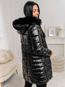 Women's Longline Quilted Winter Jacket with hood Black Bolf 16M9120