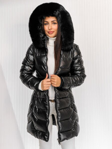 Women’s Longline Quilted Winter Jacket with hood Black Bolf 16M9122