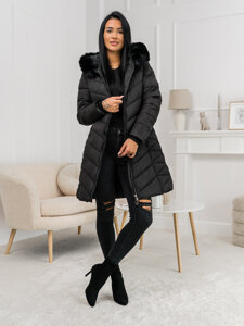 Women’s Longline Quilted Winter Jacket with hood Black Bolf 16M9195