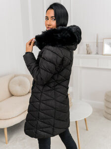 Women’s Longline Quilted Winter Jacket with hood Black Bolf 16M9195