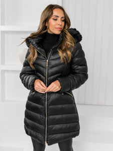 Women's Longline Quilted Winter Jacket with hood Black Bolf 5M3162