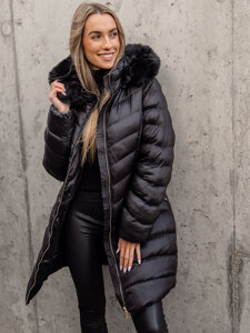 Women's Longline Quilted Winter Jacket with hood Black Bolf 5M3162B