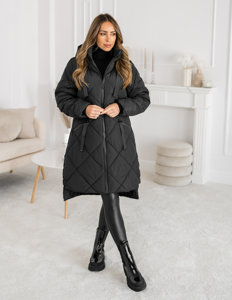 Women's Longline Quilted Winter Jacket with hood Black Bolf 5M3168