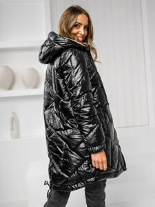 Women's Longline Quilted Winter Jacket with hood Black Bolf 5M3189