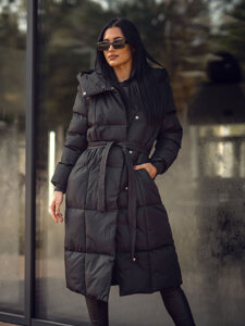 Women's Longline Quilted Winter Jacket with hood Black Bolf 5M3227