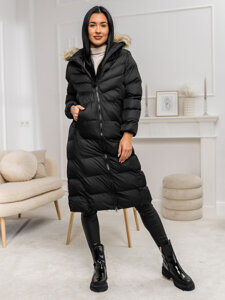 Women's Longline Quilted Winter Jacket with hood Black Bolf 5M3228