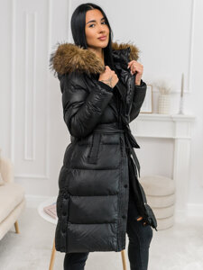 Women’s Longline Quilted Winter Jacket with hood Black Bolf 5M3298