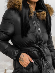 Women’s Longline Quilted Winter Jacket with hood Black Bolf 5M3298