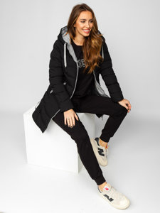 Women's Longline Quilted Winter Jacket with hood Black Bolf 7075