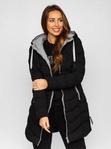 Women's Longline Quilted Winter Jacket with hood Black Bolf 7075