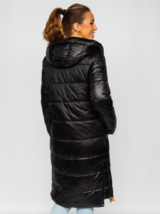 Women's Longline Quilted Winter Jacket with hood Black Bolf J9063