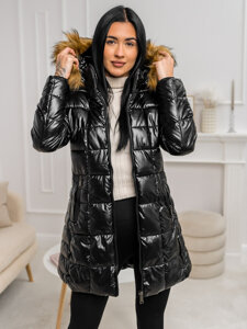 Women's Longline Quilted Winter Jacket with hood Black-Brown Bolf 16M9120