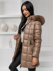 Women's Longline Quilted Winter Jacket with hood Brown Bolf 16M9120