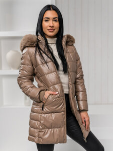 Women's Longline Quilted Winter Jacket with hood Brown Bolf 16M9120