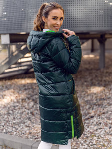 Women's Longline Quilted Winter Jacket with hood Green Bolf J9063