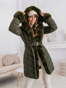 Women's Longline Quilted Winter Jacket with hood Khaki Bolf 5M3156