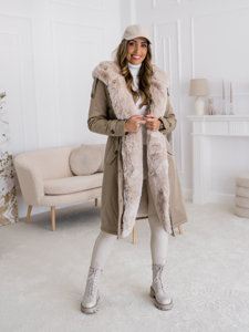 Women's Longline Winter Parka Jacket with hood Beige Bolf B557