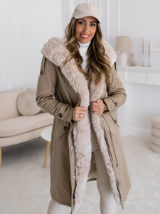 Women's Longline Winter Parka Jacket with hood Beige Bolf B557