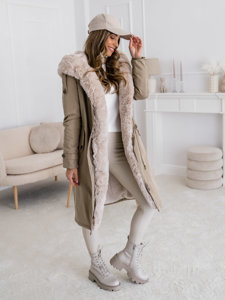 Women's Longline Winter Parka Jacket with hood Beige Bolf B557