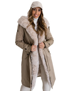 Women's Longline Winter Parka Jacket with hood Beige Bolf B557