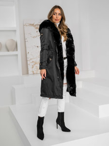 Women's Longline Winter Parka Jacket with hood Black Bolf B557