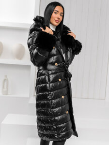 Women's Longline Winter Quilted Jacket with hood Black Bolf 5M3160