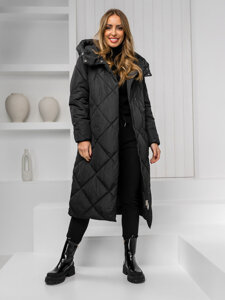 Women's Longline Winter Quilted Jacket with hood Black Bolf 5M3173