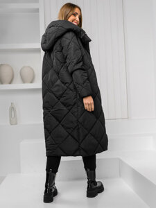 Women's Longline Winter Quilted Jacket with hood Black Bolf 5M3173