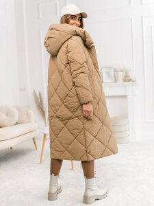 Women's Longline Winter Quilted Jacket with hood Camel Bolf 5M3173