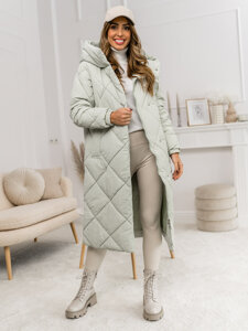 Women's Longline Winter Quilted Jacket with hood Green Bolf 5M3173