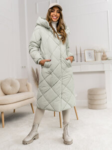 Women's Longline Winter Quilted Jacket with hood Green Bolf 5M3173