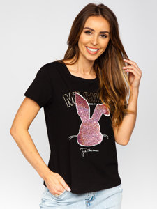 Women's Printed T-shirt with Sequins Black Bolf DT059