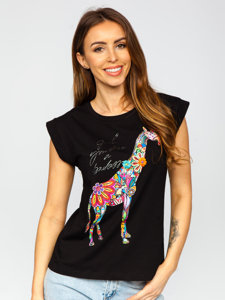 Women's Printed T-shirt with Zircons Black Bolf DT103