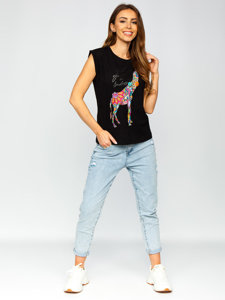 Women's Printed T-shirt with Zircons Black Bolf DT103