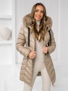 Women's Quilted Winter Jacket with hood Beige Bolf 5M3139