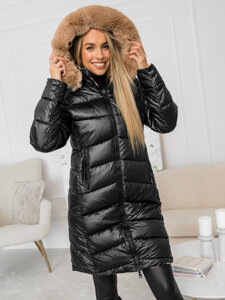 Women's Reversible Longline Quilted Jacket with hood Black Bolf B8202B