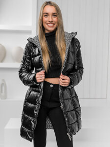 Women's Reversible Longline Quilted Winter Coat Jacket with hood Black Bolf B8070