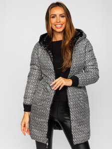 Women's Reversible Longline Quilted Winter Coat Jacket with hood Black Bolf B8070