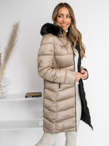 Women's Reversible Longline Winter Jacket with hood Beige Bolf B8202