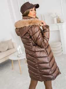 Women's Reversible Longline Winter Jacket with hood Brown Bolf B8202