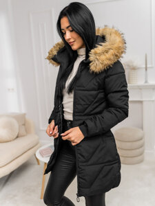 Women's Winter Jacket with hood and fur Black-Brown Bolf 16M9099