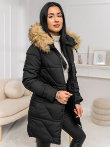 Women's Winter Jacket with hood and fur Black-Brown Bolf 16M9099