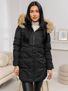 Women's Winter Jacket with hood and fur Black-Brown Bolf 16M9099